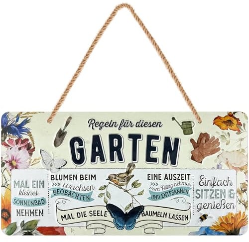 LANOLU retro Blechschild, Garten Regeln Kordelschild mit Spruch, geprägtes Metallschild Gartenschild Deko für draußen wetterfest, Geschenk für Gärtner, 16x32 cm