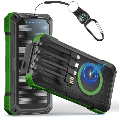 Batería externa solar de 56800 mAh, con 4 cables, PD30 W, cargador inalámbrico de carga rápida, 6 salidas 3 entradas con lámpara LED camping brújula para teléfonos