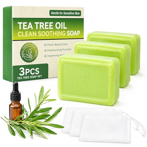 3 PCS Tea Tree Oil Soap Bar - Deep Cleansing Face & Body Antifungal Soap - Plant-Inspired Formula Natural Soap - Daily Wash for Oily, Sweat-Prone Skin, Hands, Body & Feet, Men & Women
