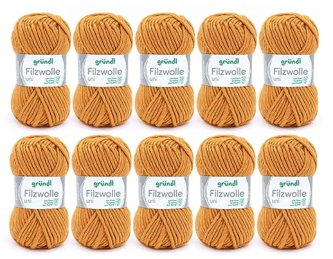 Gründl Filzwolle uni (Wolle zum Filzen, Stricken und Häkeln, Garn aus 100 % Schurwolle, 50 g / 50 m, Nadelstärke: 8 - 9, 10 x 50 g), Curry, 31 x 32 x 7.5 cm