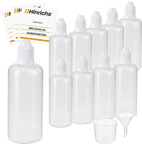 Hinrichs flaconcini contagocce da 10x100 ml con Imbuto, misurino, 10 Etichette - conservare e dosare Sostanze liquide - qualità LDPE