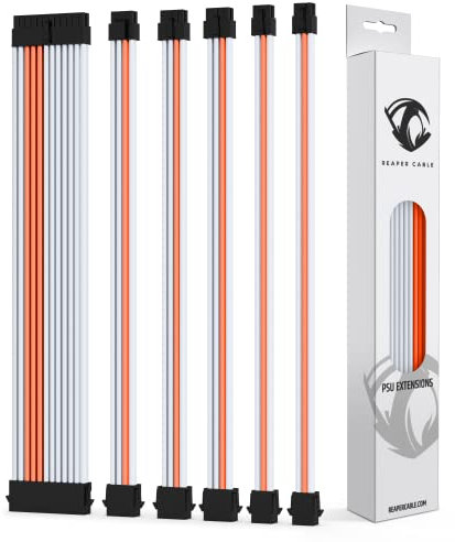 Reaper Cable Sleeved PSU Extension Set - Power Supply Extensions - 24, 8, 6, 4+4 Pin - With Combs - 30cm (White & Orange)