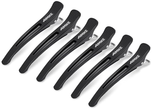 AIMIKE 6pcs Professional Hair Clips for Styling Sectioning, Non Slip No-Trace Duck Billed Hair Clips with Silicone Band, Salon and Home Hair Cutting Clips for Hairdresser, Women, Men - Black 4.3” Long