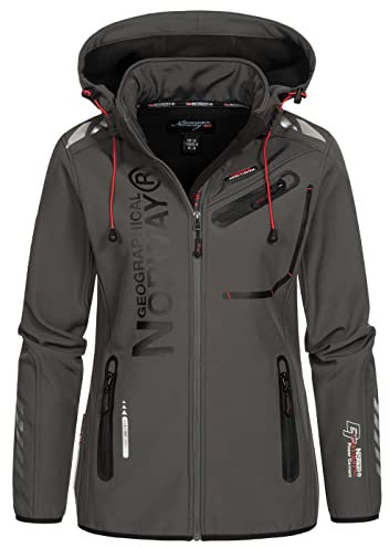 Geographical Norway REINE LADY - Giacca Softshell Impermeabile Donna - Giacca Cappuccio Softshelljacke - Giacca Invernale Antivento - Attività All'aperto Regolabile (Grigio/Nero XL) Taglia 4