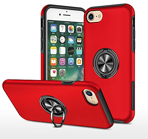 EYZUTAK Case for iPhone 7 Plus iPhone 8 Plus, 360 Degree Rotation Magnetic Metal Finger Ring Holder Magnet Car Holder Inner Silicone with Camera Protection Glossy Anti-drop Hard Cover - Red
