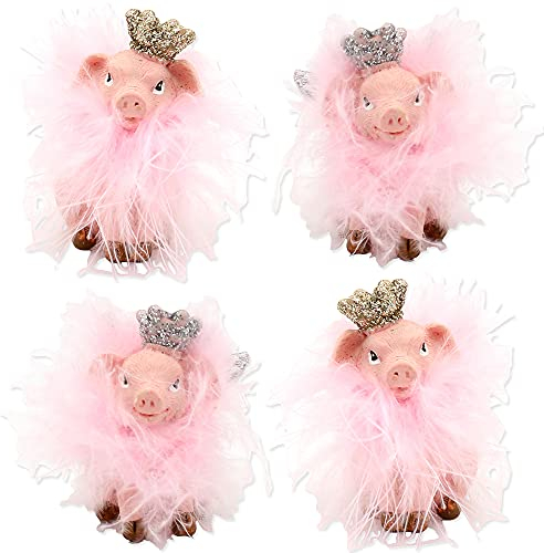 Dekohelden24 Keramik Deko-Schweine mit Krone, Flügeln und Federn, im 4er Set, in Pink-Rosa, L/B/H 3 x 3 x 5 cm, 5 cm