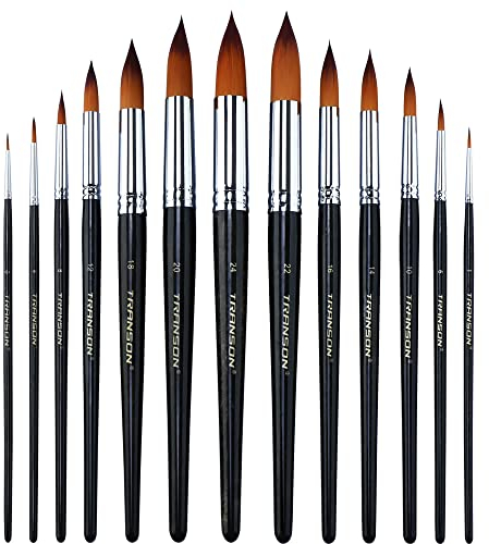 Transon Round Paint Brush 13pcs Synthetic Bristle Complete Set for Watercolor Acrylic Gouache Ink Tempera