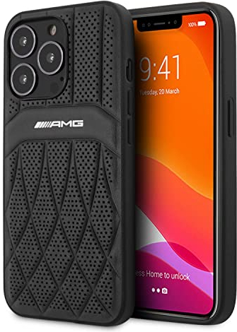 CG MOBILE AMG AMHCP13XOSDBK Schutzhülle aus echtem Leder mit perforiertem schwarzem Leder, geschwungene Linien, heißgeprägt, mit Logo, für iPhone 13 Pro Max (6,7 Zoll), Schwarz