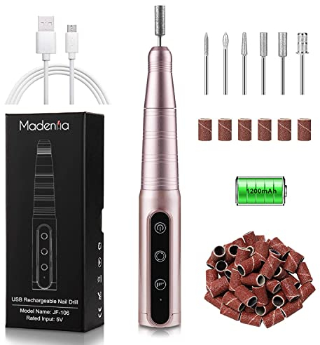 Madenia Electric Nail File Rechargeable Wireless 30000 RPM Efile Nail Drill for Acrylic Gel Nails USB Portable Electric Manicure Pedicure Kit, 6 Drill Bits, 56 Sand Bands, Pink
