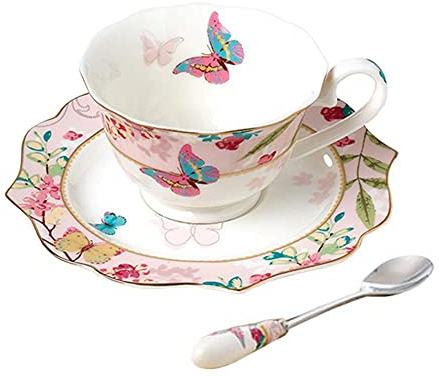 Bone China Coffee Cup and Saucer Set with Spoon, Butterfly Porcelain Tea Cup Ceremic Mugs Coffee Mug Set (A)