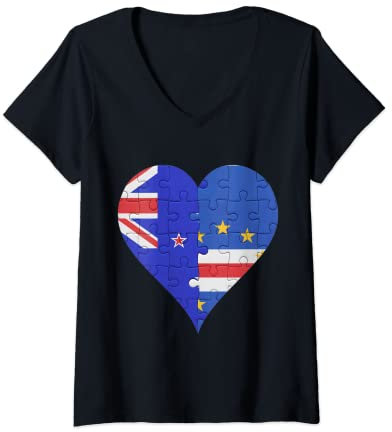Damen Neuseeländisches Umhang Verdean Flagge Herz T-Shirt mit V-Ausschnitt