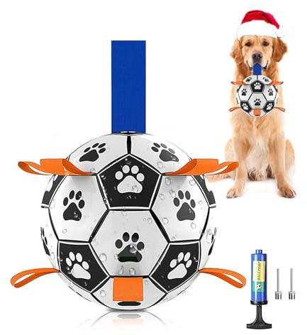 Dog Football Toys, Interactive Dog Ball with Grab Tabs, Includes Air Pump, Durable for Small & Medium Dogs, Indoor, Outdoor, Waterplay (6 Inch), Orange & Blue