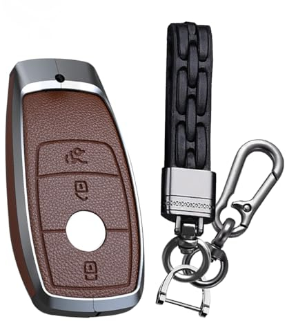 HIBEYO Intelligente Schlüsselhülle passt für Mercedes Autoschlüssel Hülle Leder Schutzhülle passt für Benz E Klasse 2017 S Klasse 2018 CLA GLA GLE GLC GLK AMG Schlüsselbox Schlüsselanhänger-Braun