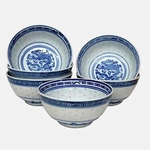 HH-CC Schalen-Set mit 6 kleinen asiatischen chinesischen Porzellan-dekorierten blauen und weißen Reisschalen Schalendurchmesser & tiefes Keramik-Reismuster Garantierte Qualität,4.5 in/11.5CM