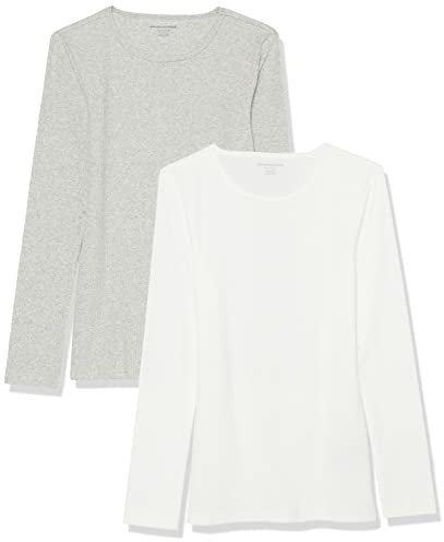 Amazon Essentials Women's Slim-Fit Long Sleeve Rib Knit Crew Neck Top (Available in Plus Size), Pack of 2, Grey Heather/White, S