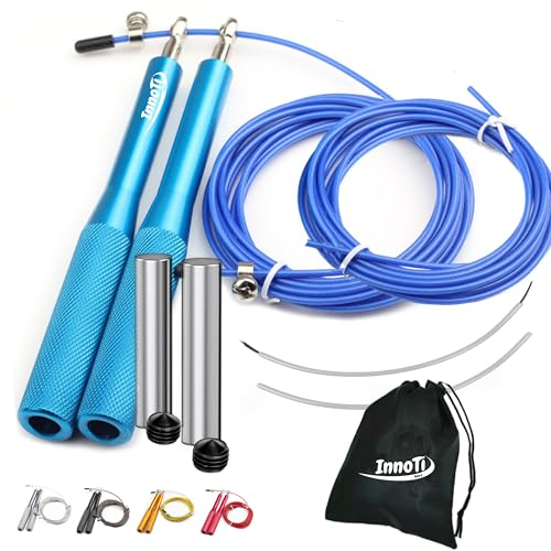 InnoTi Comba CrossTraining Lastrada Hombre y Mujer - Cuerda de Saltar de Alta Velocidad para Boxeo y Fitness - Comba de Aluminio Ligera para Saltos Dobles - Ajustable y con Cable Extra (Azul)