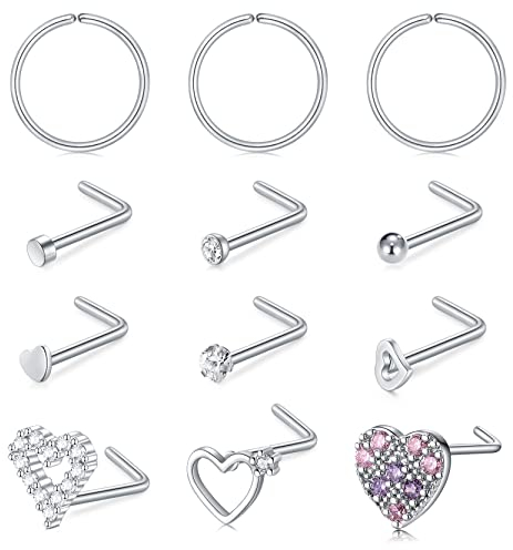 WillTen 20G Nasenpiercing Stecker Silber Herz Diamant CZ Nasenring Piercing Damen Nasenring Nasenstecker Spiral Piercing Chirurgenstahl 12Stück