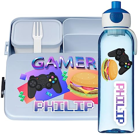 Ferocity Lunchbox Set für Kinder Jungen zur Schule Personalisiert mit Namen Brotdose Wasserflasche Trinkflasche BPA frei Essen für Unterwegs mit Gabel und Bento Fach to Go Gamer Boy [153]