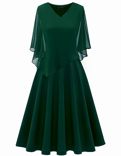 DRESSTELLS Vestido de Cóctel para Mujer con Capa de Gasa y Cuello en V Superpuesto, Vestido de Fiesta, Vestido de Invitada de Boda Verde Oscuro 3XL