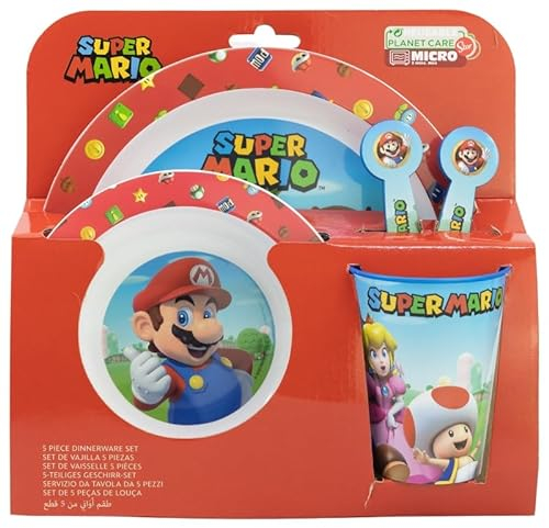 Microwave Safe 5pcs Character Animation 2023 Cartoon Dinner Tableware Set Plate, Bowl, Cup, Fork, Spoon BPA Free re-usable Plastic (Mario)