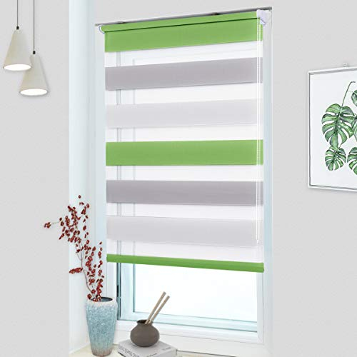MupFup Doppelrollo Klemmfix ohne Bohren,Duo Rollo Klemmrollo Grün-grau-Weiß 45 x 150cm(BxH), Lichtdurchlässig & Verdunkelnd Fensterrollo für Schlafzimmer, Badezimmer, Wohnzimmer Fenster und Tür