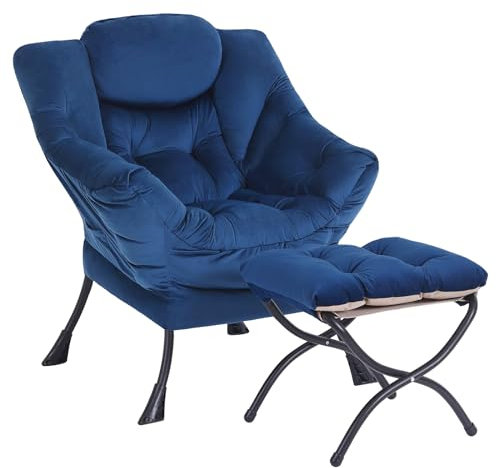 SESHINELL Lazy Chair with Ottoman, Modern Accent Chair Contemporary Lounge Leisure Sofa Chair with Armrests, Reading Chair Set for Living Room, Bedroom, Office, Royal Blue
