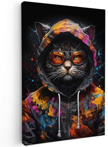 MuchoWow© Leinwandbild 40x60 cm Dekoration Wohnzimmer Bilder Aufhängen Wall Decoration Living Room Wohnungs Deko Moderne Banksy - Street Pop Art - Katze - Mantel - Graffiti - Brille