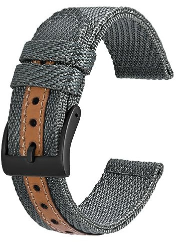 BISONSTRAP Sportliche Nylon Uhrenarmband, Militär Uhrenarmbänder für Herren, 20mm, Grau mit Schwarze Schnalle
