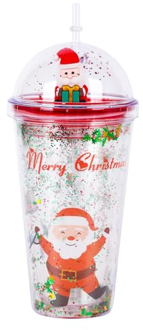 Christmas Water Tumbler, Glitter Double Walled Cup with Straw and Lid, Santa Claus Christmas Tree 3D Pattern Design, Reusable BPA Free Drinking Tumbler Cup for Xmas Party Girls Boys Gifts 450ml (A)