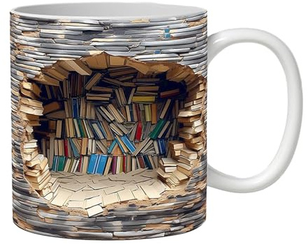 Fovolat 3D-Bücherregal-Tasse, 3D-Bücherregal-Kaffeetasse, Buchliebhaber-Kaffeetasse, 11 Oz 3D-Keramik-Kaffeetasse, Bibliothekar-Tasse, 3D-Buch-Kaffeetasse, EIN Geschenk für Leser