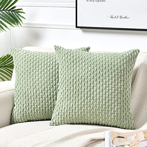 FDTERN 2er Set 45x45 cm Blassgrün Kordsamt Kissenbezug,Flauschig Boho Kissenbezüge Kissenhülle Dekokissenbezug Sofakissen Couchkissen Dekokissen Deko für Sofa Schlafzimmer Wohnzimmer