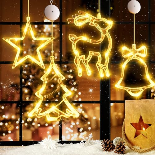 LED Lichtervorhang Weihnachten, LED Sterne Weihnachtsbeleuchtung, 4er Set Fenster Lichterkette Weihnachten mit Saugnäpfe 40 LEDs Saugnapf Weihnachten Lichter für Party Weihnachtsdeko Innen Außen