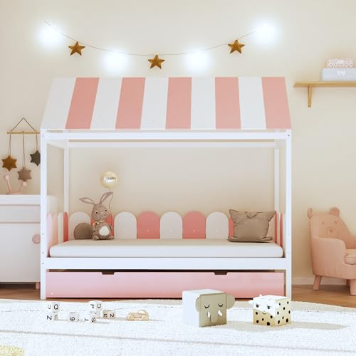 Kinderbett 90x190cm mit Ausziehbett, Hausbett für Jungen und Mädchen mit Dach und Rückenlehne, Massivholzbett mit Lattenrost (rosa)