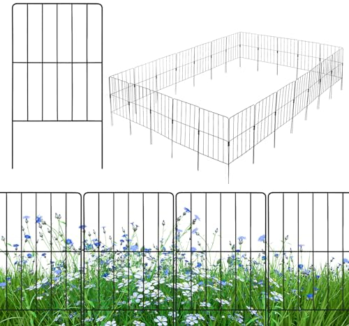 HOMASIS 25 Stück dekorativer Gartenzaun, Teichzaun Metall, 33 x 61 cm Gitterzaun Set, Steckzaun Hundezaun Beetzaun Metallzaun, Zaun für den Garten, Blumen, Bäume, Tier, Schwarz