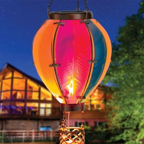 Solar Hot Air Balloon Lantern,Hot Air Balloon Garden Decoration - Flickering Flame Led Lights?Hanging Solar Lights Auto Off Metal Yard Art Garden Lights for Patio Lawn Table Fence Ornaments
