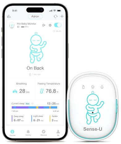 Sense-U Pro Baby Breathing Movement & Sleep Position Monitor with Gentle Vibration Alerts, Temperature Notifications, Audible & App Alerts, Sleep Analysis, Long Battery Life, Easy Clip-On Design