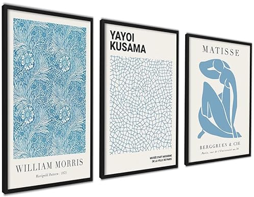 ag.art deco Modern Poster Set Blau | 3 Stück 40x50cm mit Rahmen SCHWARZ | Kusama Matisse Morris Bilder Set Surrealismus Wanddeko Abstrakter Expressionismus