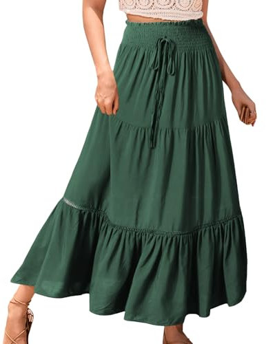 Genfien Women Skirts Elastic High Waist Maxi Skirts for Women 2 in 1 Vintage Maxi Skirt Summer Long Dresses Elegant A-Line Beach Skirt Deep Green