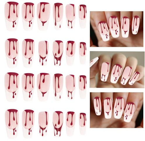Halloween Fake Nails, 24 PCS Halloween Ballerina Press on Nails Acrylic Press on Nails with Glue Stickers, Red Blood Tear Drop False Nails for Women Girls Nail Art Cosplay Decoration A9XDCTCDJ
