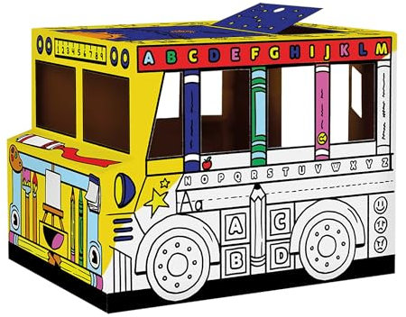 BANKERS BOX Colour-In School Bus Cardboard Playhouse für Kinder (114,3 x 78,74 x 83,82cm) - Craft Activity mit Türen & Sonnendach - Einfache Montage - FSC Zertifiziert, 100% recycelbar - Alter 3+