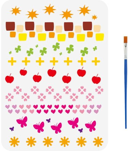 FINGERINSPIRE Vielseitige Bordüren Zeichenschablone Mit Pinsel 29.7x21cm 9 Stile Bordüren Vorlage Blumen Schmetterlings Herz Geometrie Bordüren Schablone Zum Malen Auf Holz Wänden Und Möbeln