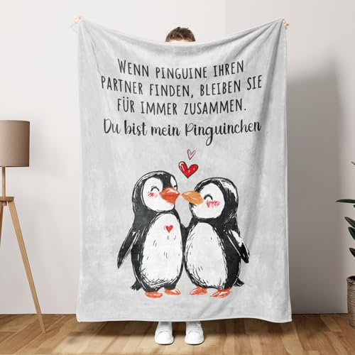 Craftique Jahrestag Geschenk für Sie Ihn, Pinguin Kuscheldecke, Partner Geschenke, Geschenk zum Jahrestag Hochzeitstag Valentinstag Weihnachten 153x127 cm