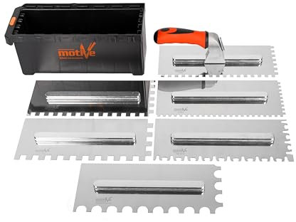 MIVOS Set di Frattazzi con manico staccabile e scatola per il trasporto - 6, 8, 10, 12 mm, Tipo U, tipo Tiger - 6 Frattazzi dentati - Frattazzi in acciaio inox con impugnatura morbida - Cazzuola