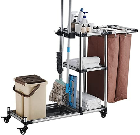 Rollender Reinigungswagen mit wasserdichten Aufbewahrungstaschen – Organisieren Sie Mops und Besen für Garage, Hotel und Autoreinigung