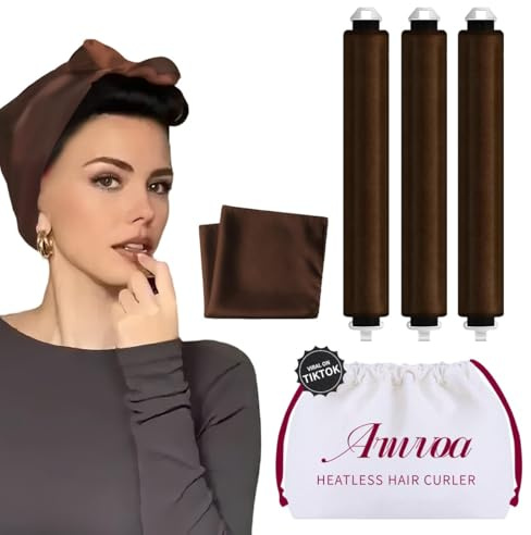 Heatless Hair Curler Heatless Curls Overnight Heatless Blowout with Luxury Cloth Bag Silk Scarf, Curling Rod Headband to Sleep in No Heat Curling with (Brown, 3Rods)