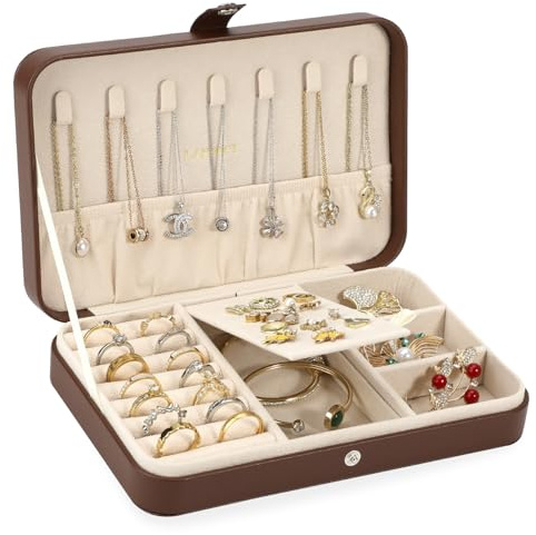 LANDICI Jewellery Box Small Jewellery Organiser for Women Girls, Coffee | PU Leather Travel Jewellery Storage Case, Portable Jewellery Holder for Ring Earrings Necklace Bracelet, Jewellery Gift Box