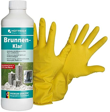 HOTREGA Brunnen-Klar 500ml | Effektiver Brunnenreiniger gegen Kalk & Algen | Inkl. NITRAS Handschuhe Gr. 10 | Schützt Pumpen, Vernebler, Membranen | Ideal für Zierbrunnen, Gartenanlagen & Quellsteine