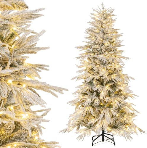 RELAX4LIFE Albero di Natale Artificiale Pre-Illuminato da 180 cm, Albero Innevato con Rami Articolati, 594 Punte di Ramo Miste PE e PVC, 250 Luci LED a Luce Calda, Base in Metallo Pieghevole