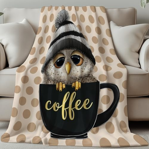 GLOBLELAND Eulen Kaffee Kuscheldecke 150x130CM Kaffeetasse Decke Sanft Flanell Weiche Wohndecke Geschenke für Mama Zuhause Büro Zimmer Bett Sofa Stuhl