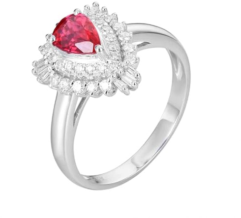 Homxi Damen Trauring Ringe Weißgold 9K, Wassertropfen mit Erstellter Rubin 0,71 Karat und Moissanit, Silber Rot Damen Ringe Eheringe und Verlobungsringe Gr. 48 (15.3)
